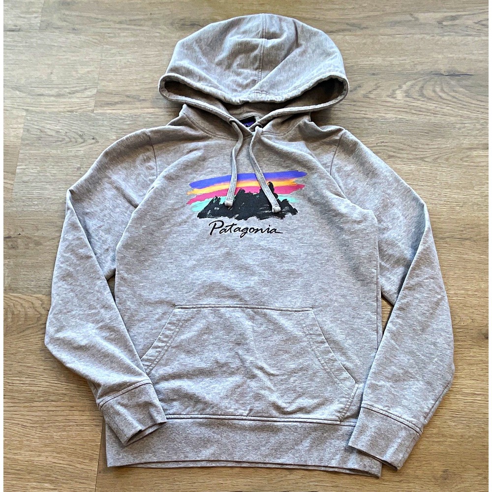 Patagonia Gray Graphic Logo Fleece Cotton Pullover Hoodie Pockets Men's Sz S